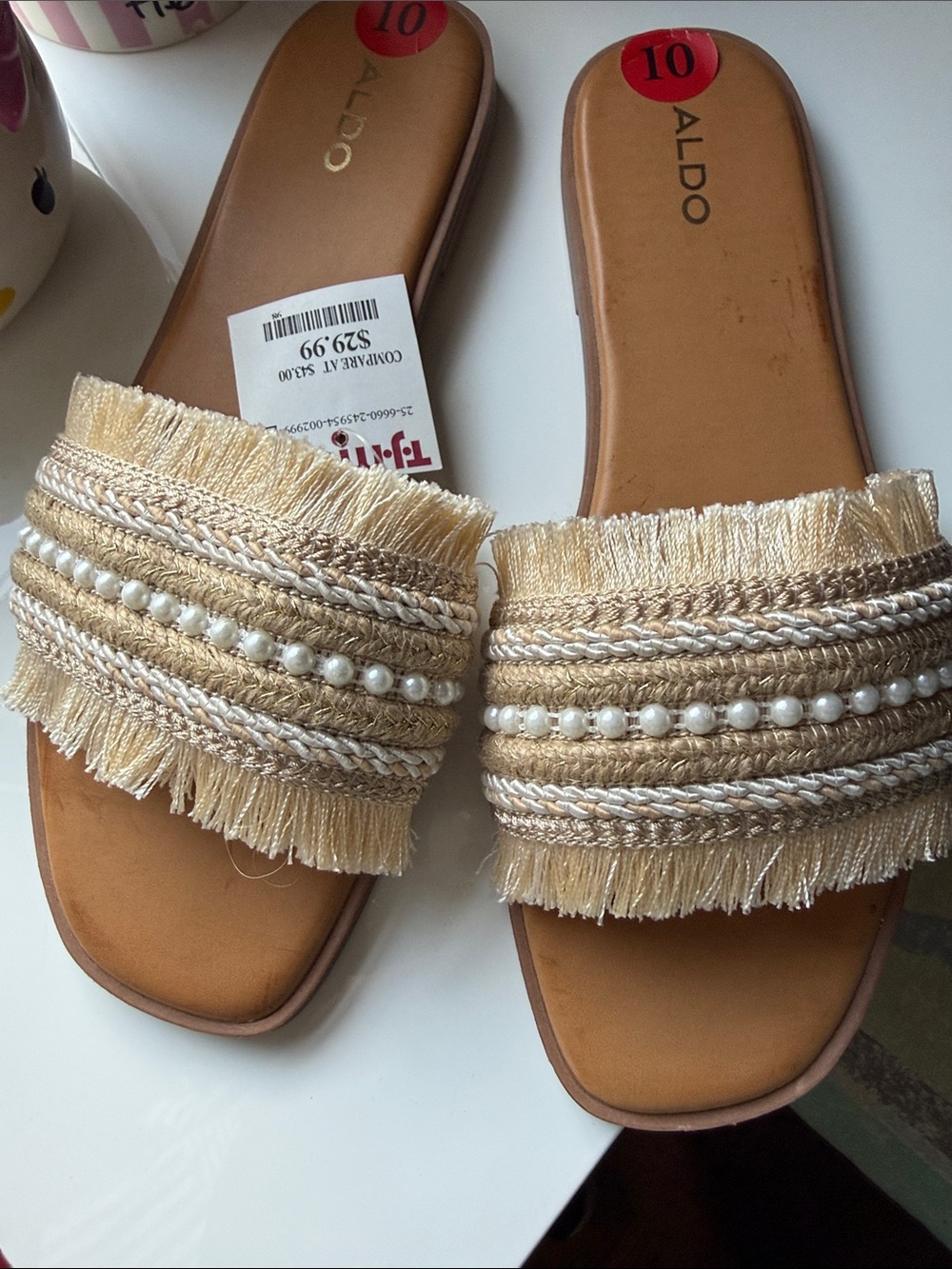 ALDO Beige Pearl-Trim Fringe Slide Sandals